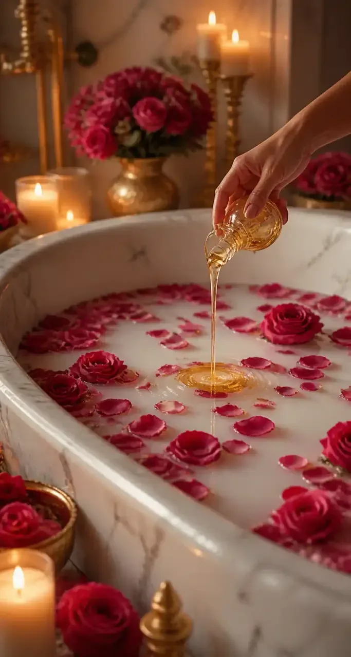 Bain de lait parsemé de pétales de rose dans une salle de bain en marbre, ambiance spa