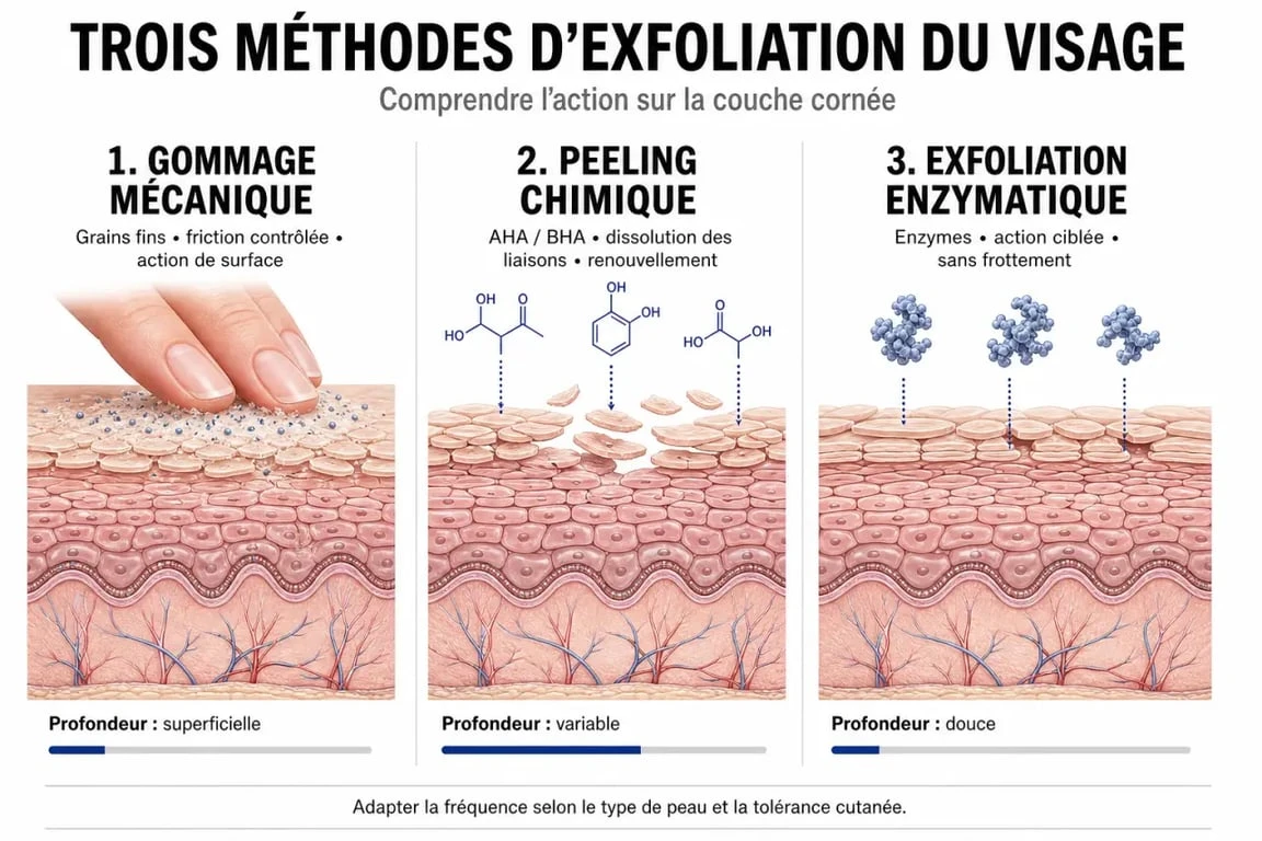 Infographie comparant les méthodes de soin exfoliant visage : mécanique, chimique et enzymatique.