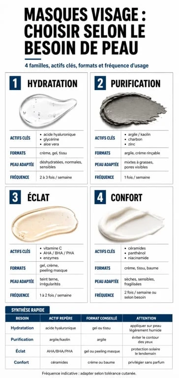Meilleurs masques visage : infographie comparative des types de masques selon le besoin de peau
