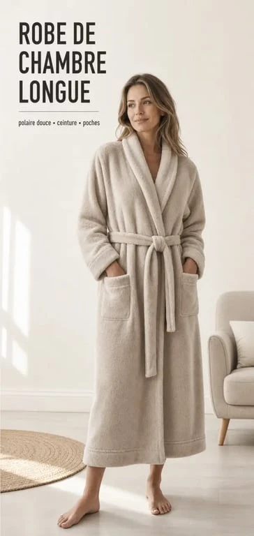Robe de chambre longue femme polaire portée dans un intérieur cocooning