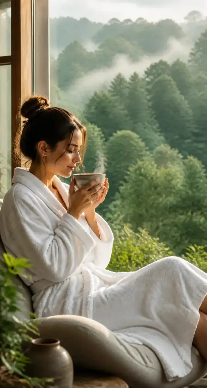 Femme sereine savourant une tisane au lever du jour, rituel de zénitude matinale