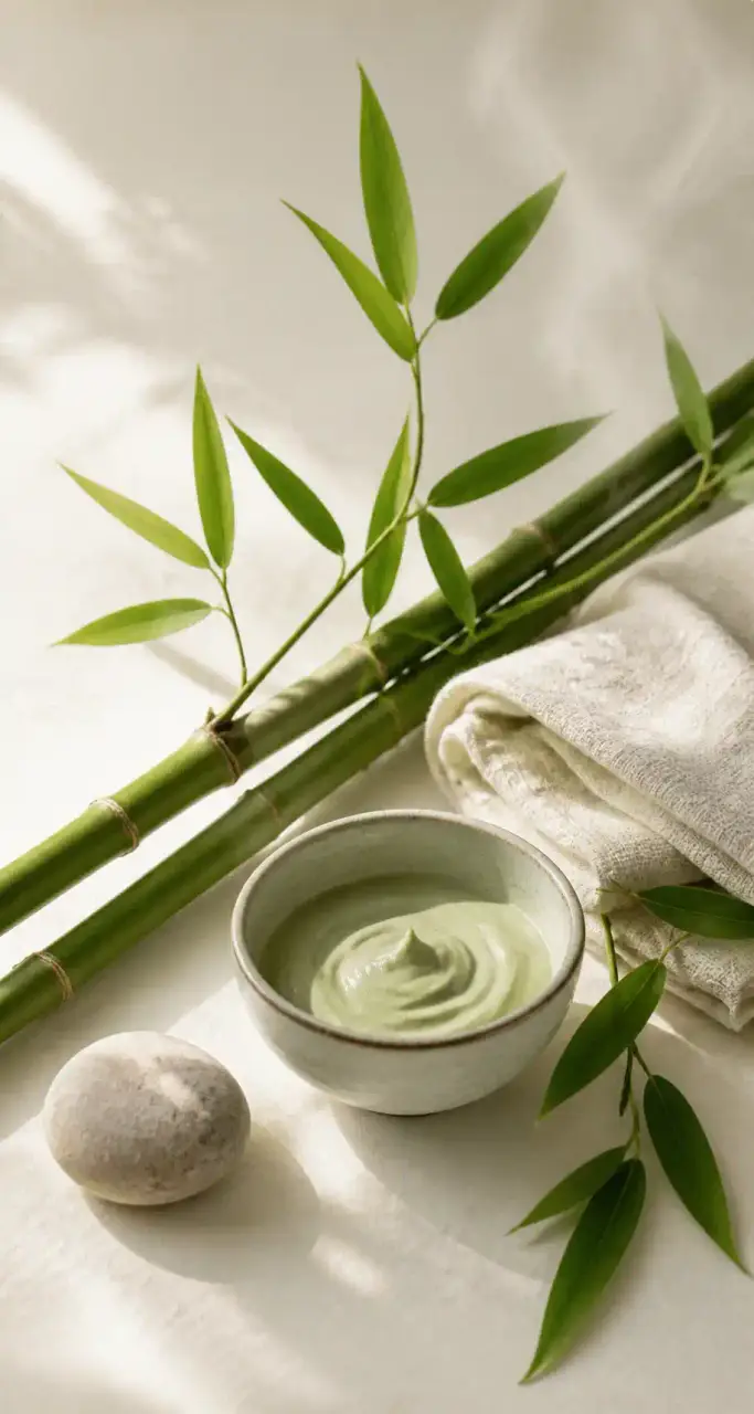 Rituel spa au bambou : tiges de bambou vert tendre, serviette en lin écru, bol de crème de soin au matcha et galet sur fond washi lumineux