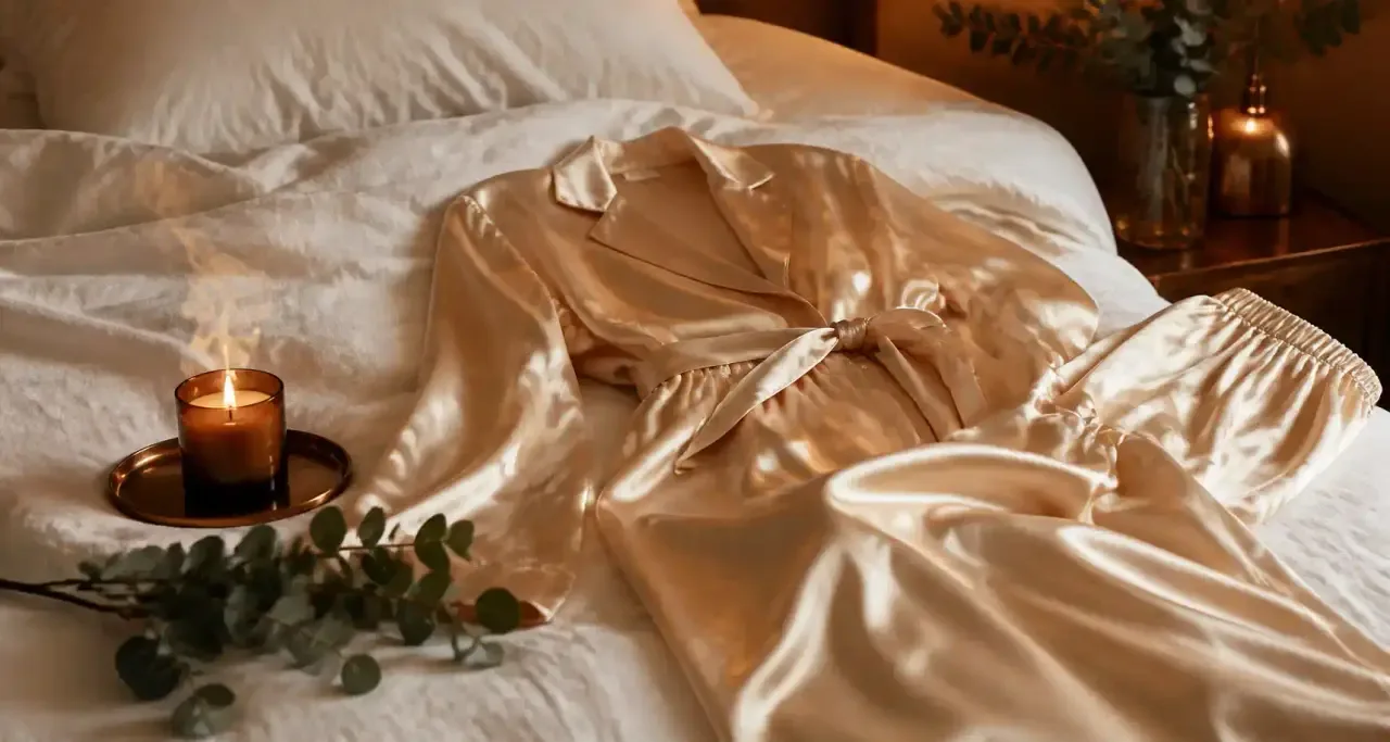 Tenue loungewear en soie portée dans un intérieur élégant, détente mode à la maison