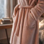 Robe de chambre longue femme polaire beige rosé, tissu doux