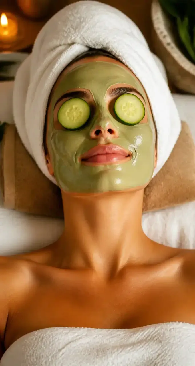 Portrait d'une femme appliquant un masque visage à l'argile, moment de soin bien-être