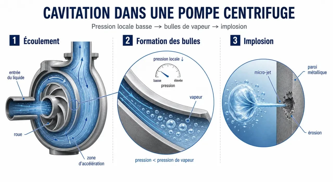 Cavitation dans une pompe : formation et implosion des bulles de vapeur