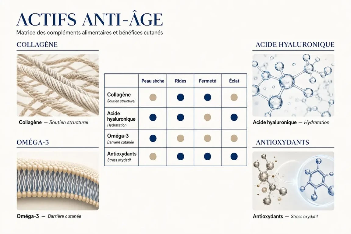 Compléments alimentaires anti-âge : infographie des actifs selon rides, hydratation, fermeté et éclat