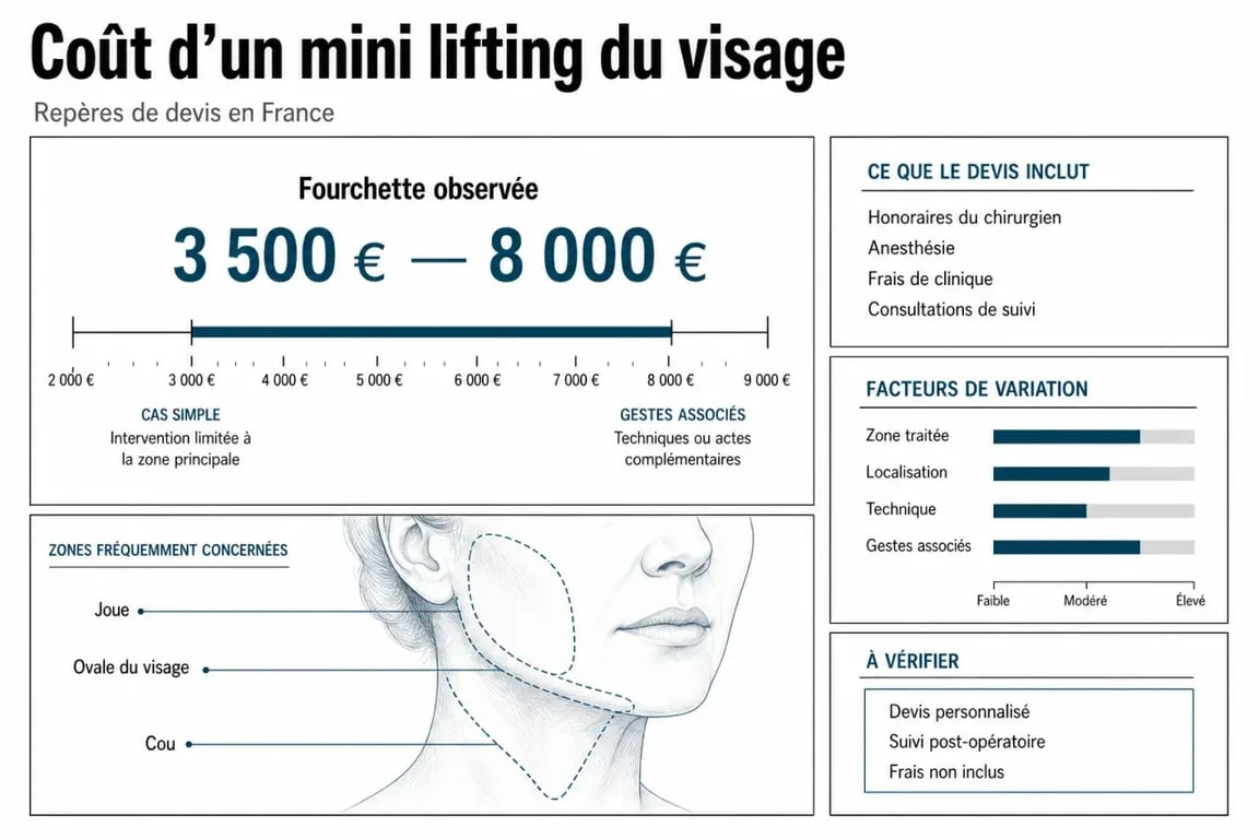 Mini lifting visage tarif : infographie éditoriale des prix, du devis personnalisé et des facteurs de variation