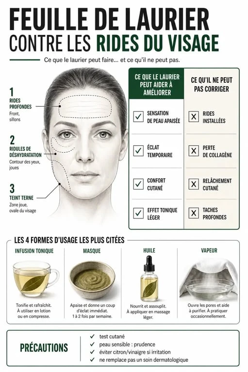 Infographie sur la feuille de laurier contre les rides du visage, avec usages et précautions
