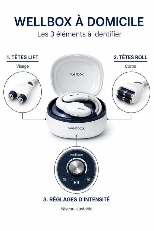 Wellbox avis : schéma des têtes LIFT et ROLL, des réglages et des zones d’usage à domicile