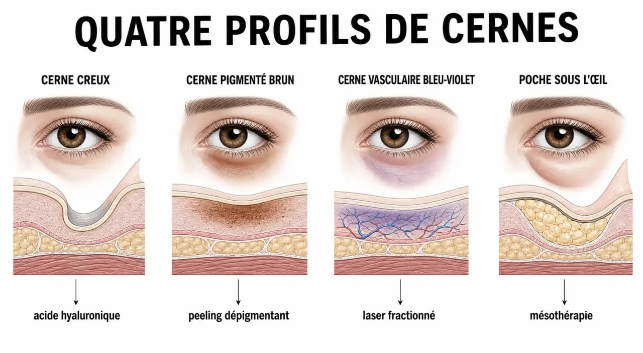 Médecine esthétique cernes : schéma des différents types de cernes et des traitements adaptés