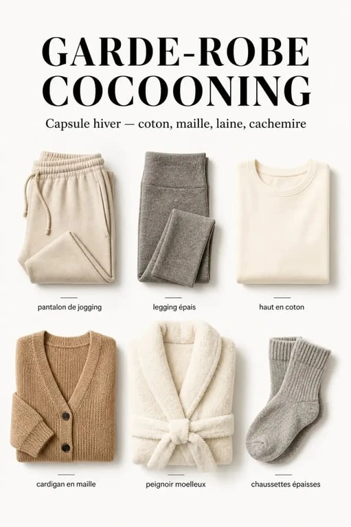 Tenue cocooning et essentiels de garde-robe avec matières douces, cardigans, jogging et accessoires
