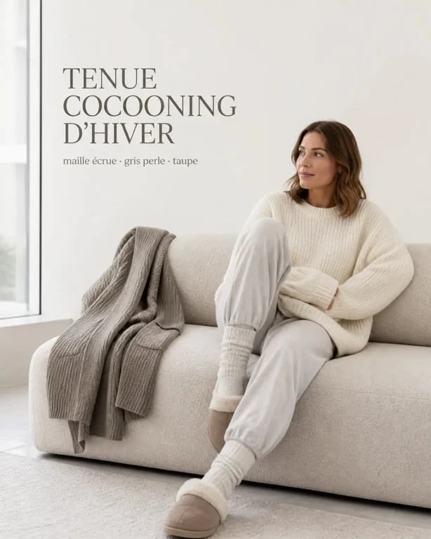 Tenue cocooning d'hiver avec pull oversize, cardigan long et chaussons moelleux dans un salon lumineux