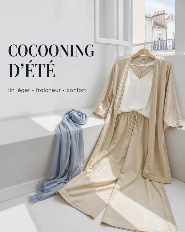 Tenue cocooning légère en lin et coton pour la mi-saison, avec pantalon fluide et kimono doux