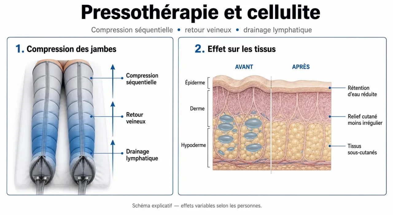 Schéma de pressothérapie et cellulite montrant le drainage lymphatique et l'effet sur la rétention d'eau