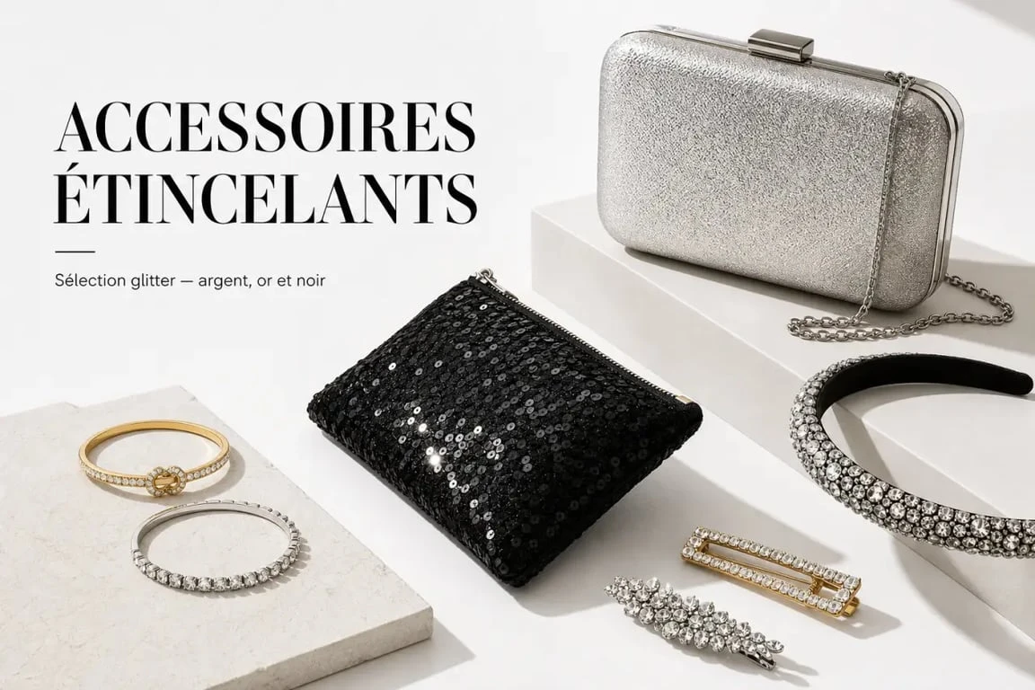 Accessoires paillettes femme : sélection de pochette scintillante, barrettes et headband pour un look festif