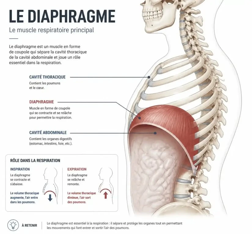 Schéma anatomique expliquant les bienfaits du massage du diaphragme et sa position dans le corps