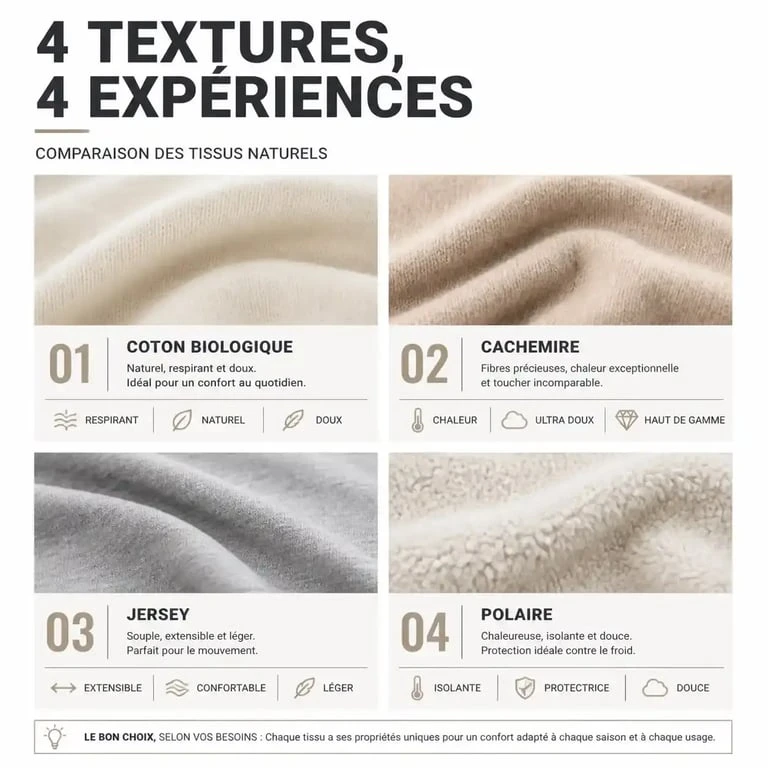 Comparatif des matières pour une tenue cocooning femme : coton, cachemire, jersey et polaire