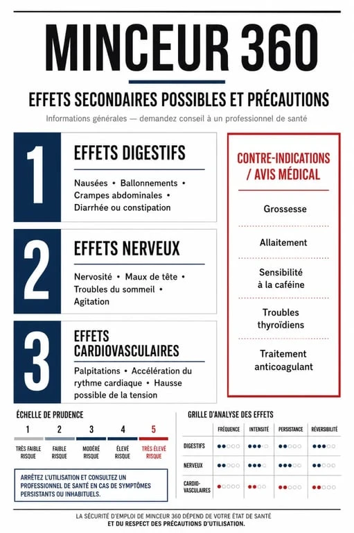 Minceur 360 effets secondaires : schéma des risques digestifs, nerveux et cardiovasculaires et des contre-indications