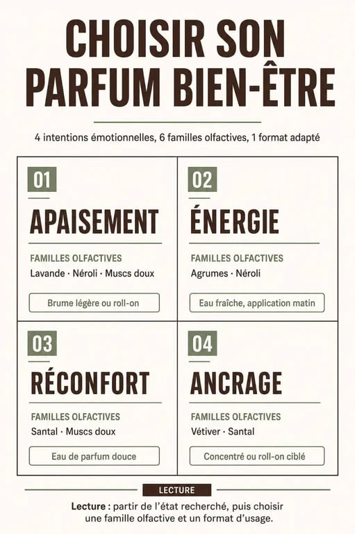 Infographie sur le parfum bien-être pour choisir une fragrance selon l’apaisement, l’énergie, le réconfort ou l’ancrage