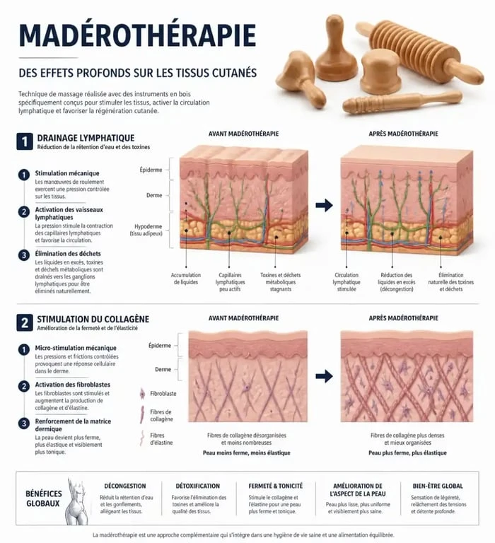 Infographie expliquant les bienfaits de la madérothérapie sur la peau et la circulation