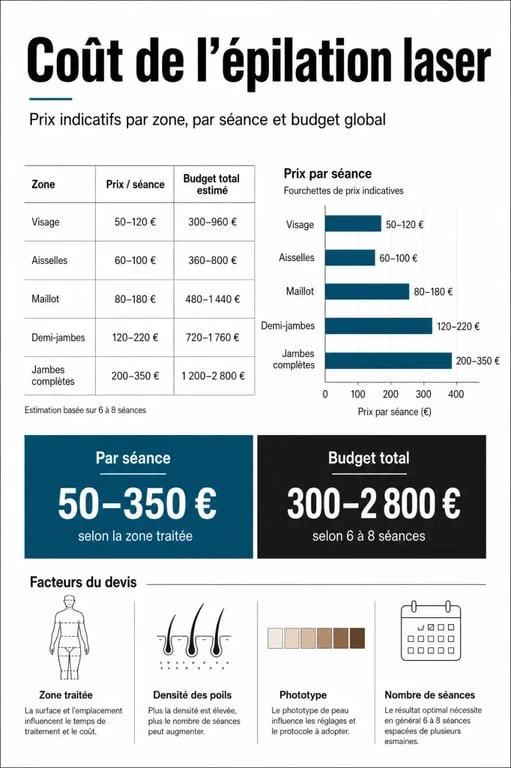 Infographie sur combien coûte une épilation laser, avec prix par zone, par séance et budget total