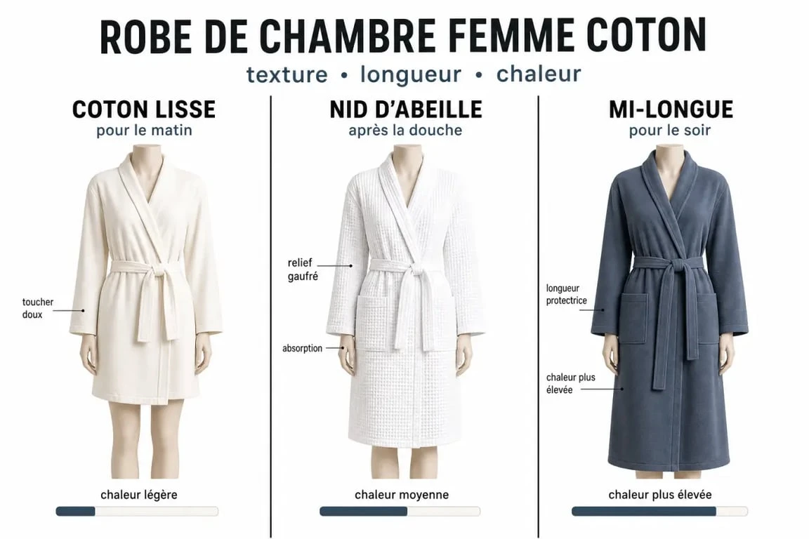 Robe de chambre femme coton : comparaison visuelle des textures et des usages