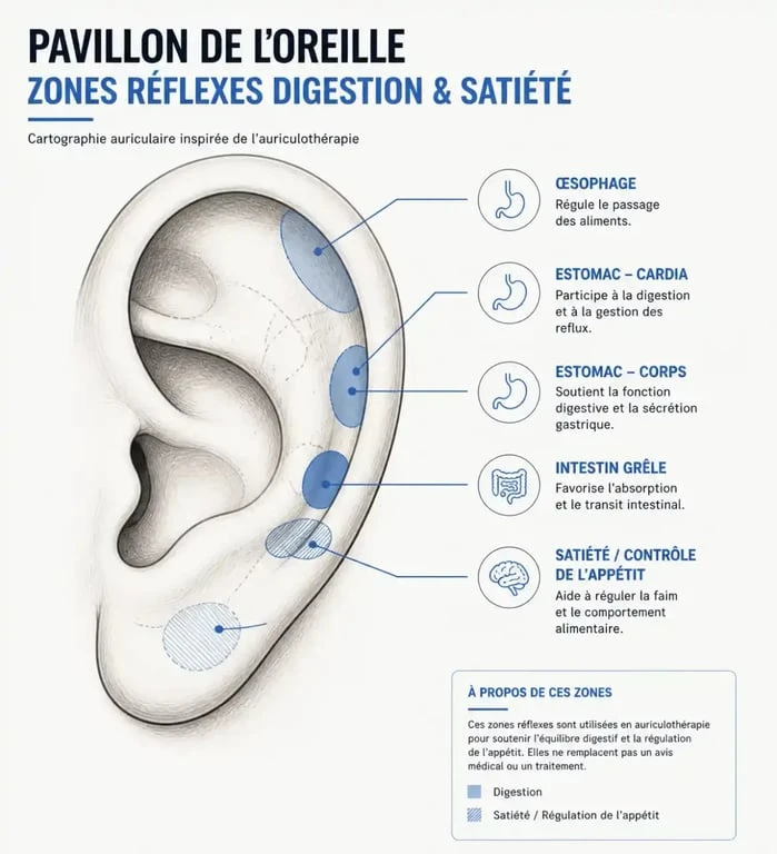 Schéma des points réflexes de l'oreille utilisés pour maigrir au laser