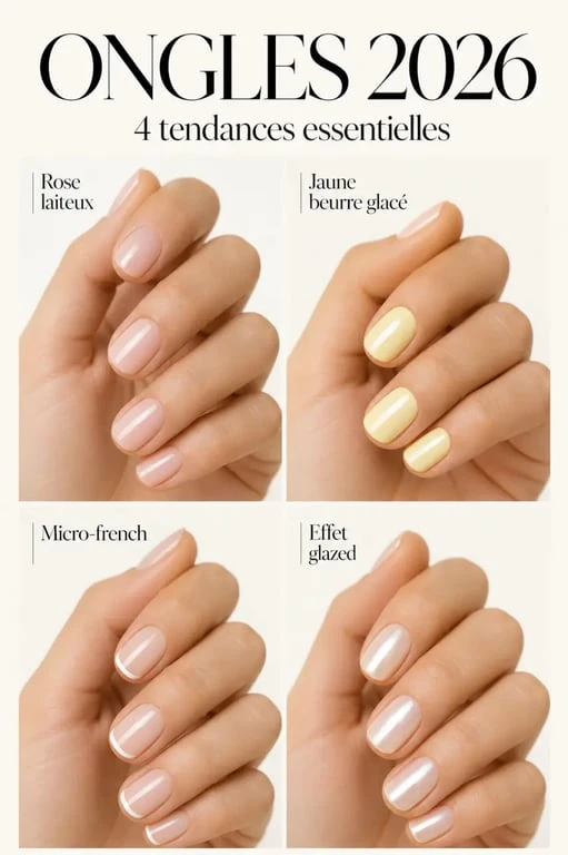 Tendances ongles 2026 : inspirations de manucures courtes rose laiteux, butter yellow glacé et micro-french