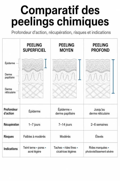 Peeling avant apres : tableau comparatif des peelings superficiel, moyen et profond
