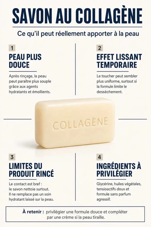 Savon au collagène bienfaits : visuel éditorial sur les effets, les limites et les ingrédients à privilégier
