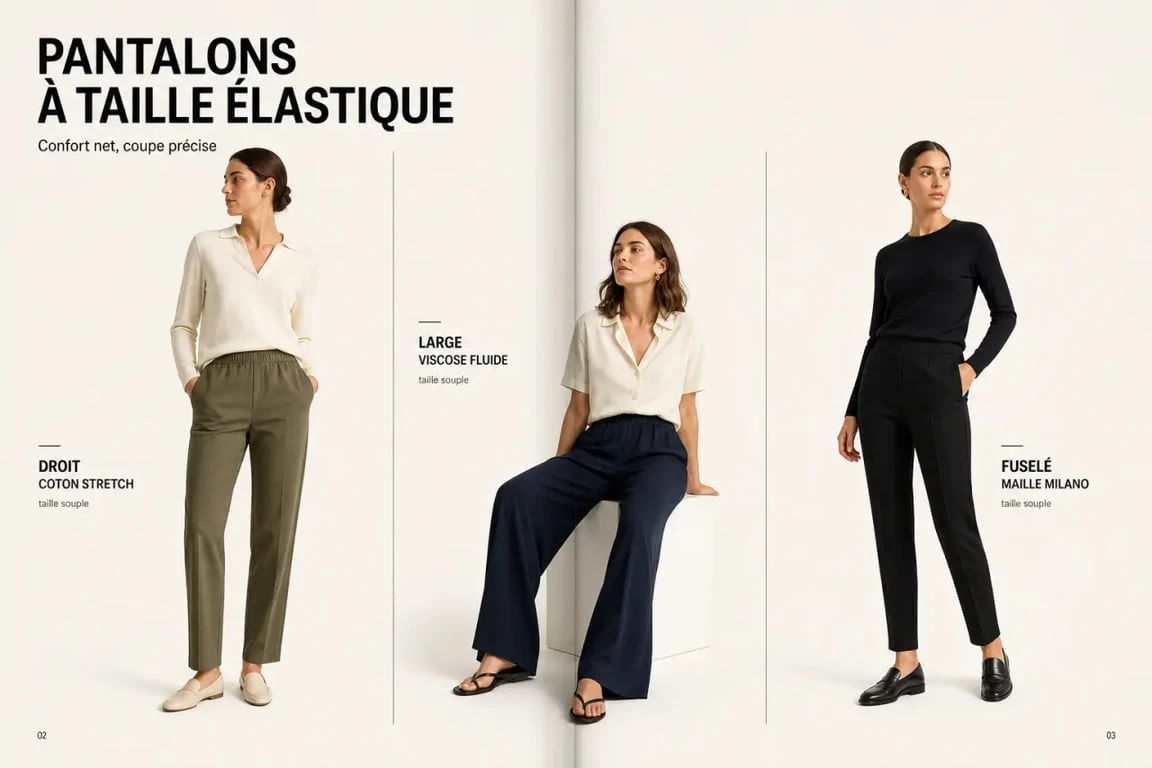 Pantalon elastique taille femme en trois coupes : droit, large et fuselé