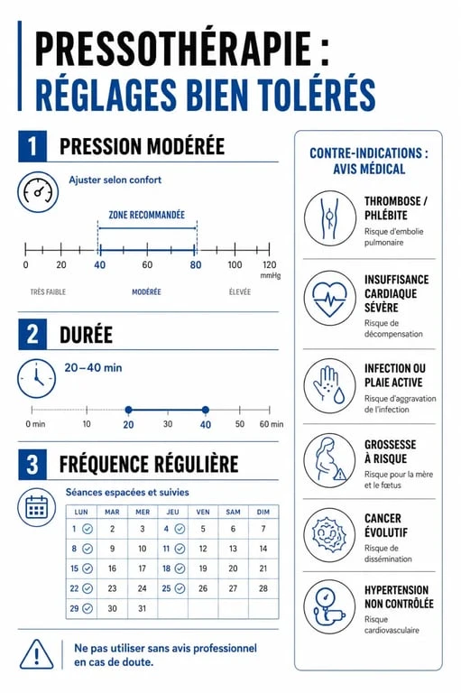 Pressothérapie avis : réglages recommandés et situations où la pressothérapie demande prudence