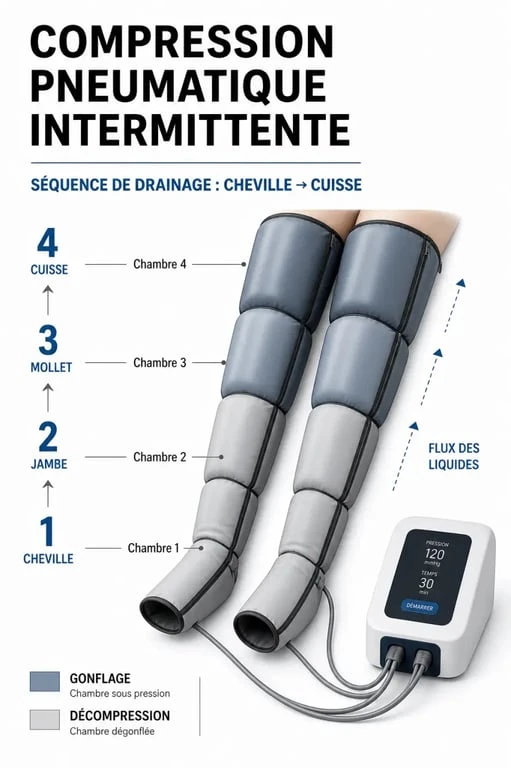 Pressothérapie avis : schéma du fonctionnement de la compression séquentielle dans les bottes de pressothérapie