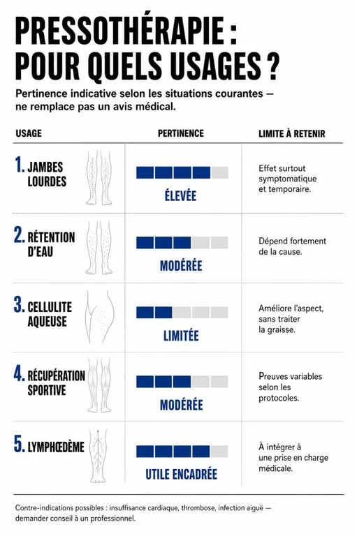 Pressothérapie avis : infographie des principaux usages, bénéfices et limites de la pressothérapie