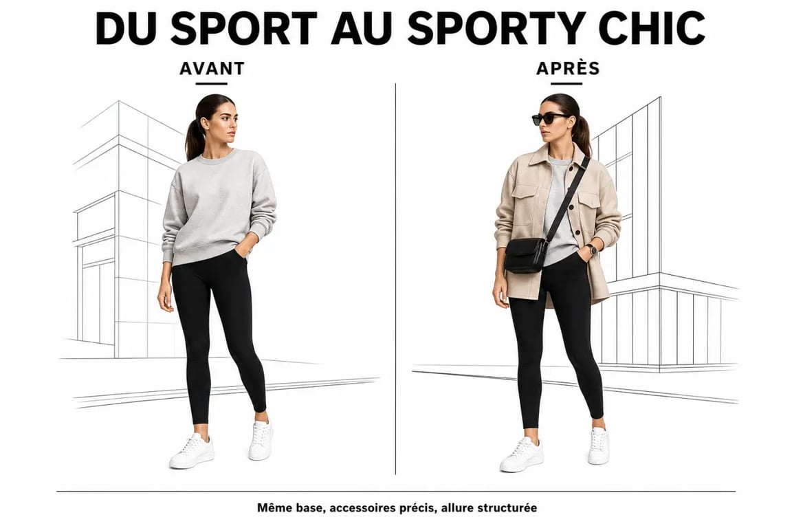 Comment accessoiriser vos tenues de sport avec élégance : avant/après d’une tenue sportive transformée en look sporty chic