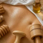 Photo madérotherapie : outils sur peau simulée et huile ambrée