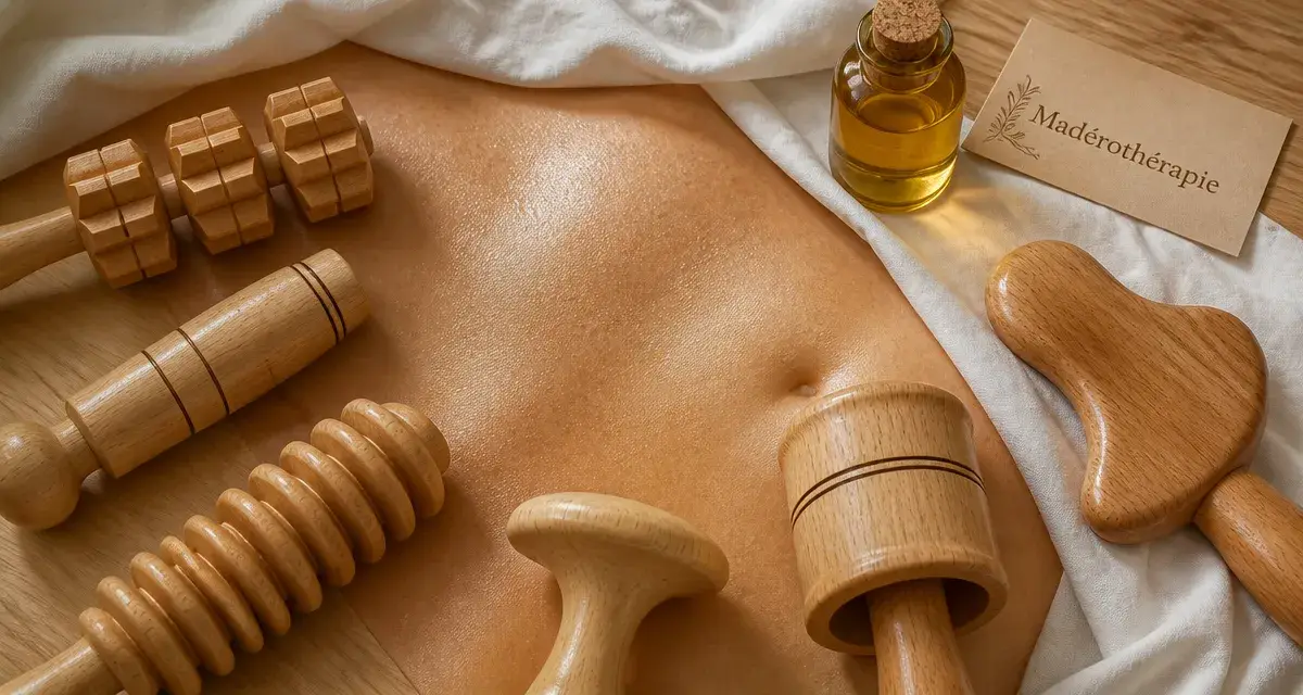 Photo madérotherapie : outils sur peau simulée et huile ambrée