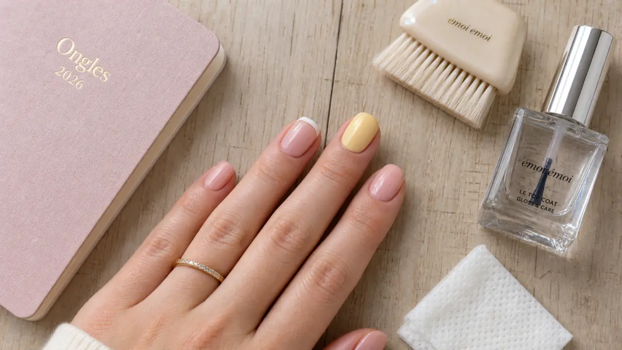 Ongles 2026 tendance : soap nails rose laiteux et butter yellow, ongles courts