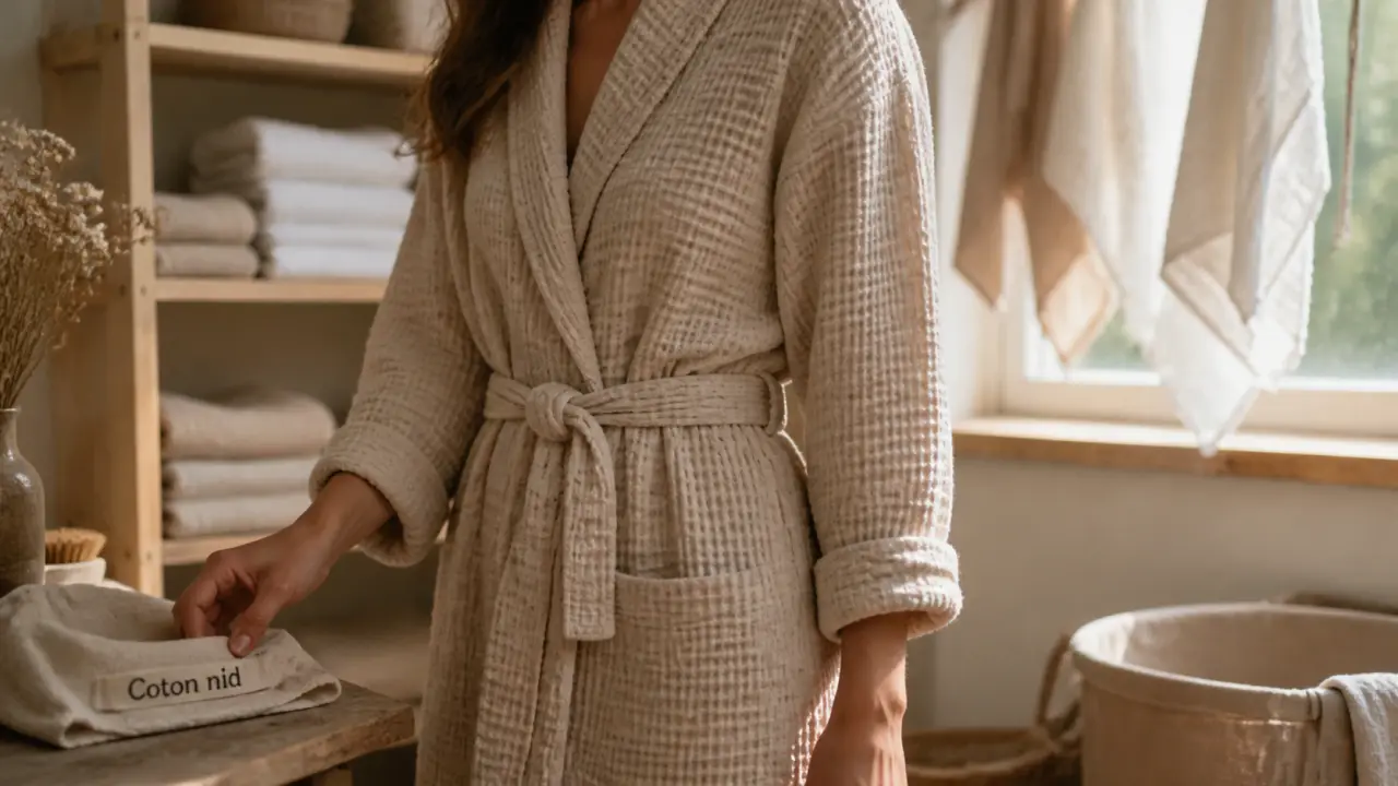 Robe de chambre femme coton beige nid d’abeille, légère et respirante