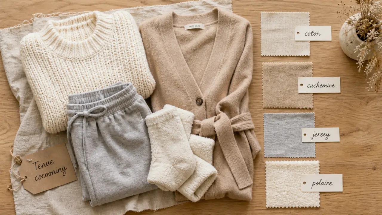 Tenue cocooning femme : pull oversize, pantalon jersey et gilet cachemire