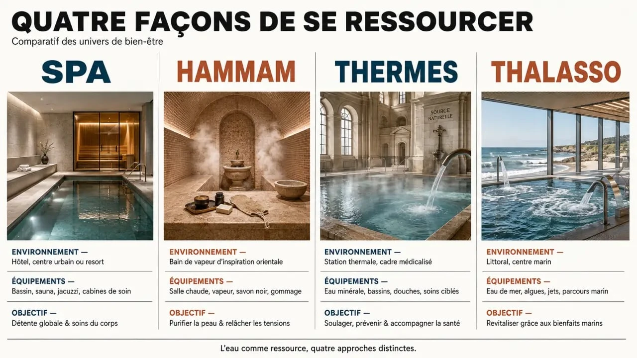 Infographie bien etre spa comparant spa, hammam, thermes et thalasso