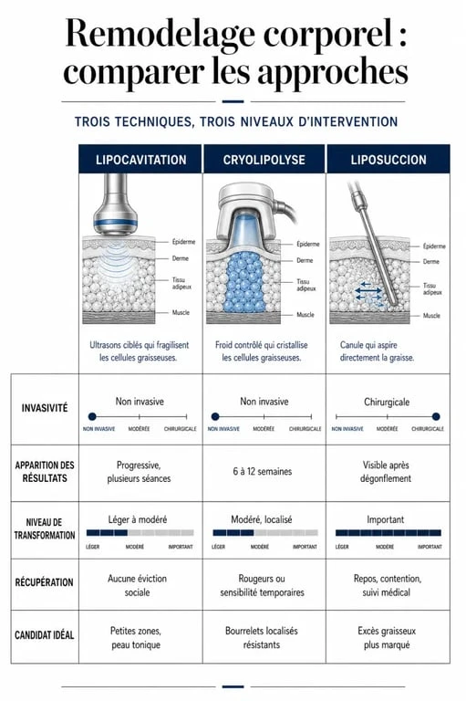 Avis sur lipocavitation : comparaison visuelle avec la cryolipolyse et la liposuccion