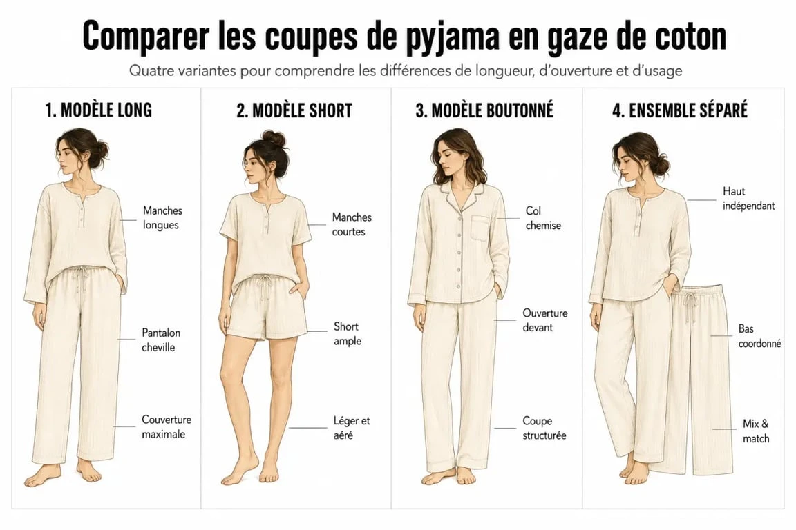 Comparatif pyjama femme gaze de coton entre modèle long, short, boutonné et ensemble séparé