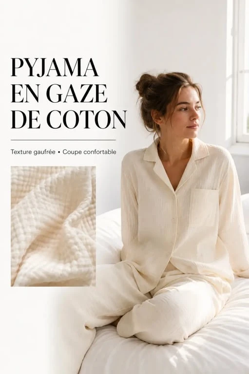 Pyjama femme gaze de coton en chambre lumineuse, mettant en valeur la texture gaufrée et la coupe confortable