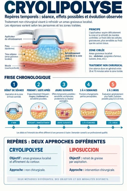 Cryolipolyse avis : infographie sur les délais de résultats, les effets secondaires et la différence avec la liposuccion