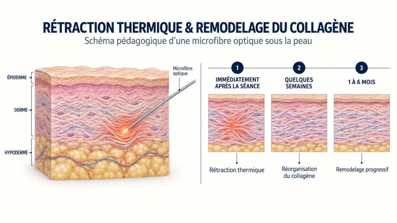 Endolift ventre avant après : schéma du mécanisme et de l’évolution progressive du raffermissement abdominal