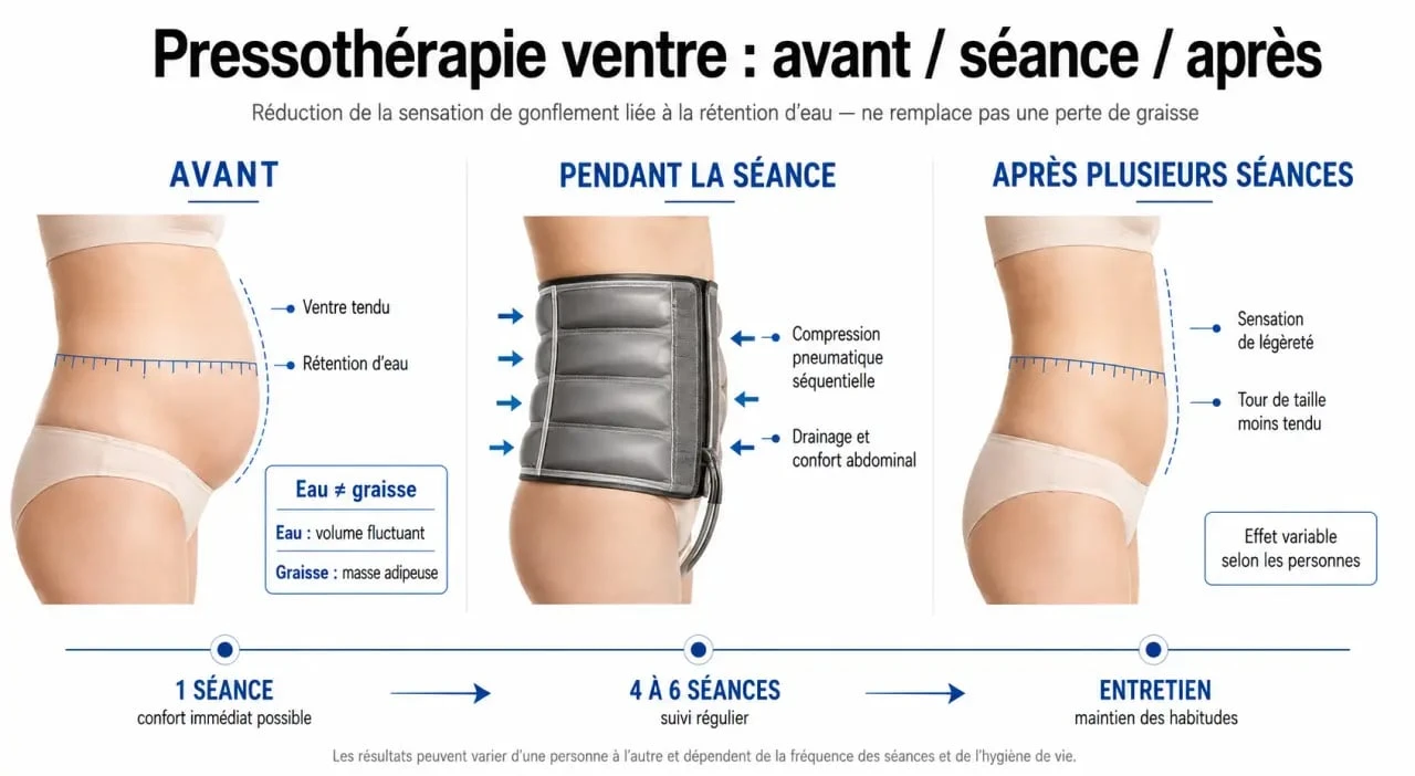 Pressothérapie ventre avant après : visuel comparant rétention d’eau, séance de drainage et évolution du tour de taille