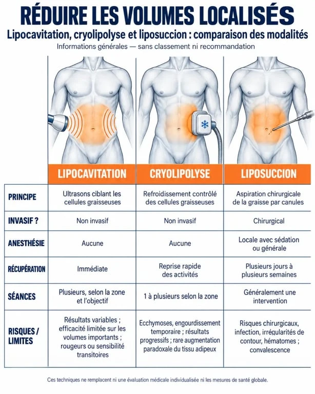 Comparaison entre lipocavitation, cryolipolyse et liposuccion pour évaluer les risques