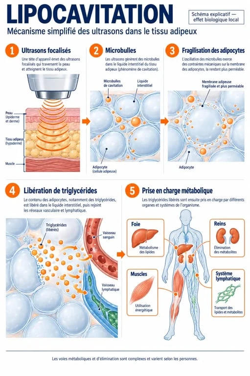 Infographie expliquant le mécanisme de la lipocavitation et ses dangers potentiels